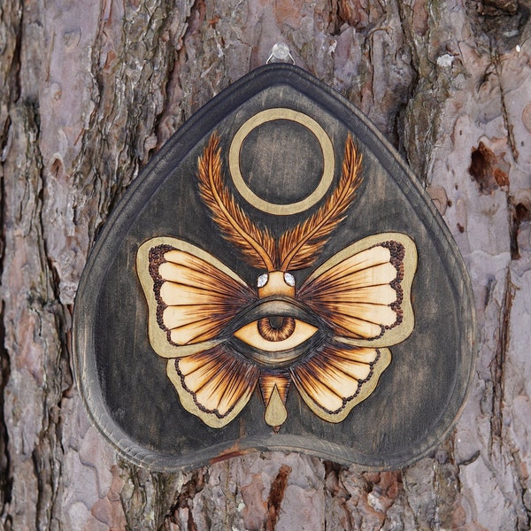 Wood Burned Moth Planchette / All Seeing Eye Moth