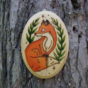 Wood Burned Fox and Foliage/ Pyrography Hangable Art/ Handmade Wood Home Decor/ Witch Art/ Halloween/ Cottagecore/ Fox Art/