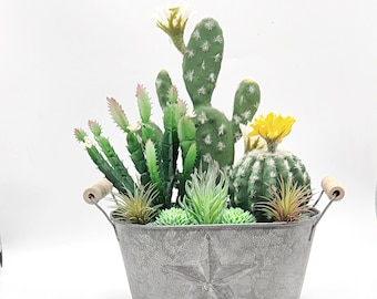 Realistic Artificial Cactus Garden Potted Arrangement from Succulent Perrydise - 10" Wide x 4" Deep x  - 11-1/2" Tall - 10 Plants