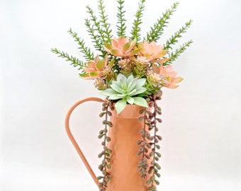 Tall Colorful Artificial Succulent Garden in Tin Pitcher "Succulent Perrydise" - 10" Diameter x  16" Tall - 8 Plants