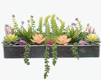 Wall Mount Artificial Succulent Garden Potted Arrangement from Succulent Perrydise - 18" Wide x 4-1/2" Deep x 8-1/2" Tall- 16 Plants