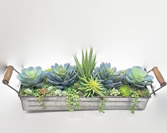 Long Colorful Artificial Succulent Garden Potted Arrangement from Succulent Perrydise - 19-1/2" Long x 7-1/2" Deep x 7" Tall- 18 Plants