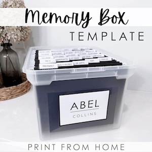 May include: A clear plastic memory box with a dark blue interior and labeled file dividers. The box has a white label with the name "ABEL COLLINS". The text "Memory Box TEMPLATE" is at the top, and "PRINT FROM HOME" is at the bottom.