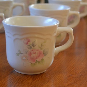 Pfaltzgraff Tea Rose FLAT CUP Mug pink flowers stoneware oven microwave freezer dishwasher floral vintage retro