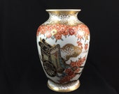 Gold Imari VASE flowers with cart giftware cream gold peach burgundy black turquoise gift home decor floral arrangement free shipping (3452)