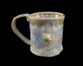 Pottery MUG shell ocean water sand blue sea shore beach cottage nature natural coffee hot beverage Made in USA handmade (9092)