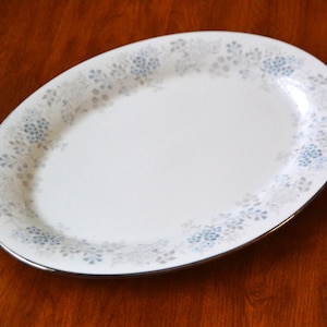 Noritake Concert, 14 inch OVAL SERVING PLATTER, blue gray flowers, gray leaves, silver trim, Japan, Tableware Dishes Japanese