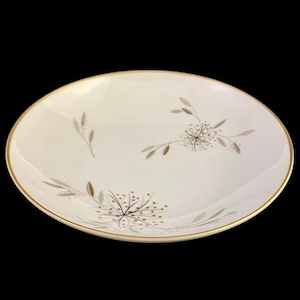 Noritake Helene Coupe SOUP BOWL pink taupe dots on gray leaves floral spray flowers Japan tableware dinner platinum dishes 5602