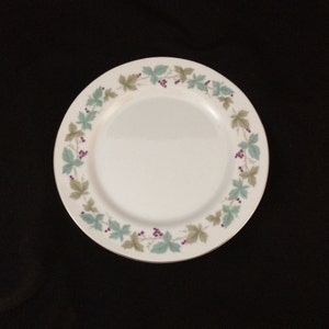 Fine China of Japan SALAD PLATE Vintage soft blue green leaves, purple grapes, silver trim, Japan dishes dinnerware