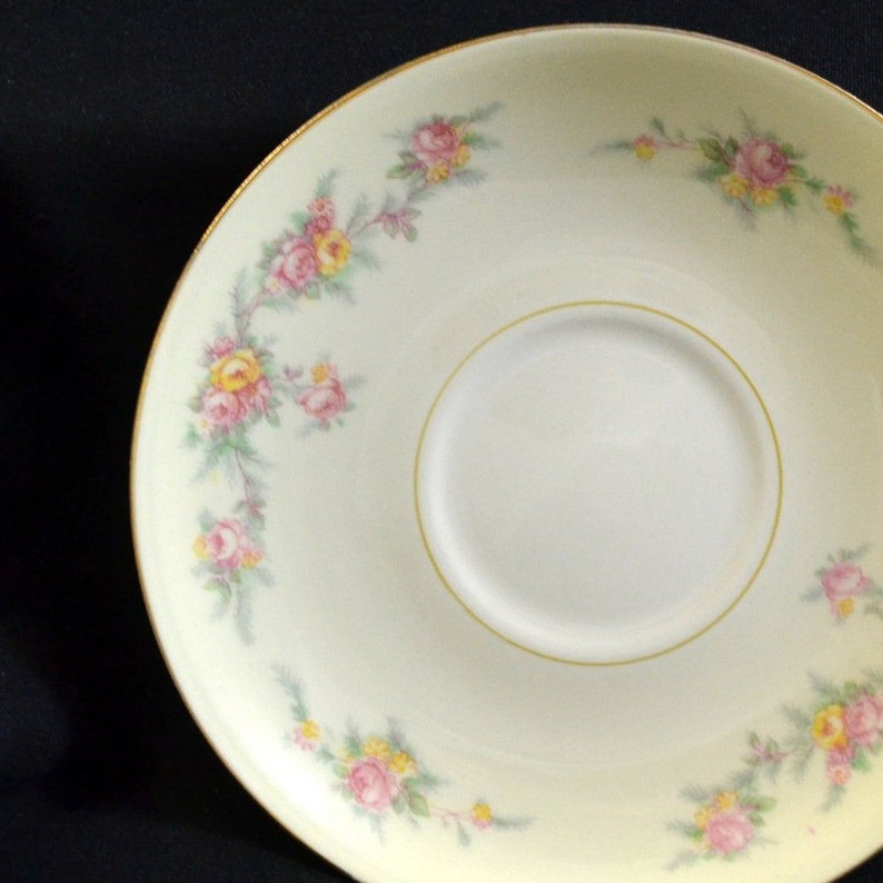 1908 Homer Laughlin SAUCER Eggshell Nautilus Rose vintage formal dinnerware dishes pink yellow roses floral gold trim free shipping