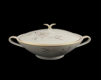 Noritake Helene Round COVERED VEGETABLE Bowl pink taupe dots on gray leaves floral spray flowers Japan tableware platinum dishes 5602