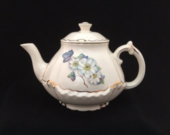 White China TEAPOT with lid, Blue Floral with Gold accents vintage retro dishes beverage tea party collectible cottage core garden (3617)