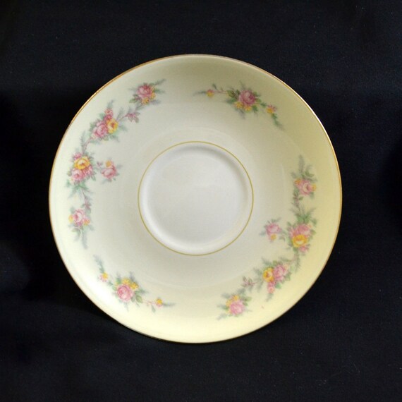 1908 Homer Laughlin SAUCER Eggshell Nautilus Rose vintage formal dinnerware dishes pink yellow roses floral gold trim free shipping