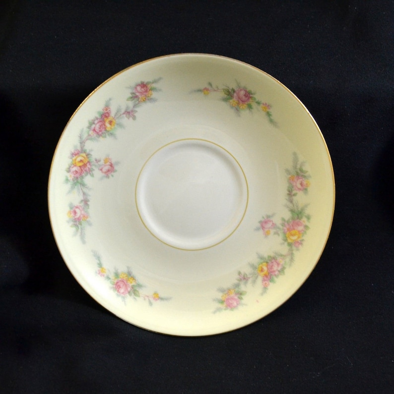 1908 Homer Laughlin SAUCER Eggshell Nautilus Rose vintage formal dinnerware dishes pink yellow roses floral gold trim free shipping