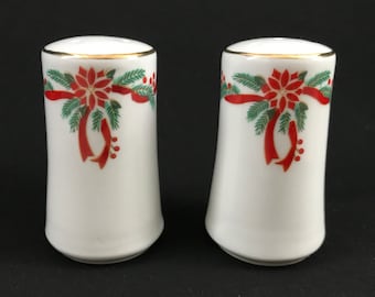 Fine China Poinsettia & Ribbons SALT and PEPPER 2 Piece Set Holiday Christmas Dishes vintage Fairfield Tienshan festive (4054)