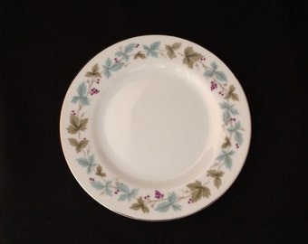 Fine China of Japan BREAD and BUTTER PLATE Vintage soft blue green leaves, purple grapes, silver trim, Japan dishes (2255)