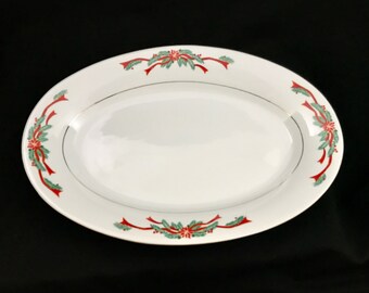 14" SERVING PLATTER Poinsettia & Ribbons Tienshan Fine China Fairfield Holiday Christmas vintage festive dinner dining (4059)