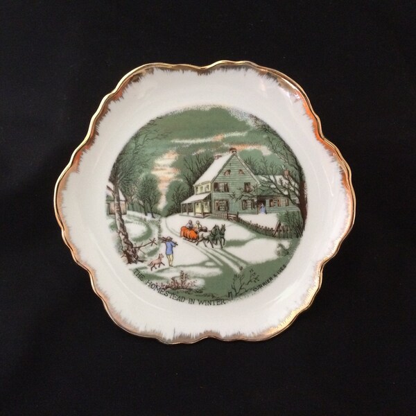 Currier and Ives Collector Plate, The Homestead in Winter, scalloped edge gold gilt trim, vintage Americana home decor (2712)