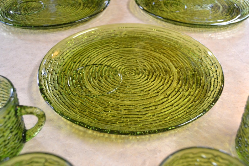 3015 Soreno Avocado Green SNACK SET Anchor Hocking footed cup plate luncheon snack tray midcentury Made in USA pressed glass free shipping