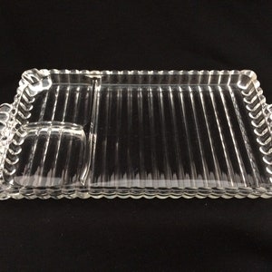 Hazel-Atlas SNACK PLATE clear glass tray ribbed design bubble ball beaded handle luncheon snack sip smoke jewelry tray (3592)