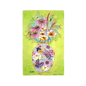 May include: A watercolour painting of a bouquet of pink, yellow and white flowers in a pink and blue patterned vase with butterflies. The vase is on a green background with a signature at the bottom that reads "Chelsea Croft 2012".