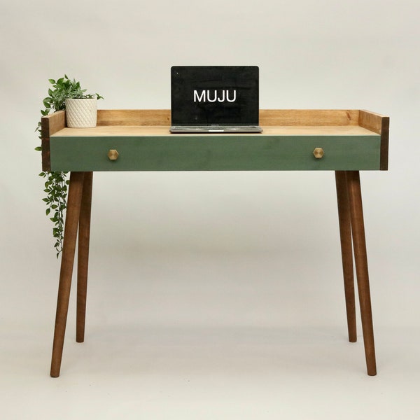 Writing Desk, Low Back Simple Vintage Desk/Computer Desk/ Solid Wood Scandi Retro Industrial Solid Wood Tapered Legs Bespoke Sizes