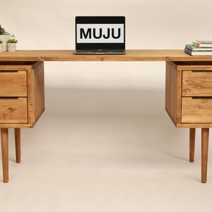 Simple Desk with drawers both sides, reclaimed wood handmade desk, Scandi style with Danish wooden tapered legs, Mid century modern MAEVE