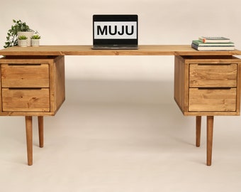 Simple Desk with drawers both sides, reclaimed wood handmade desk, Scandi style with Danish wooden tapered legs, Mid century modern MAEVE