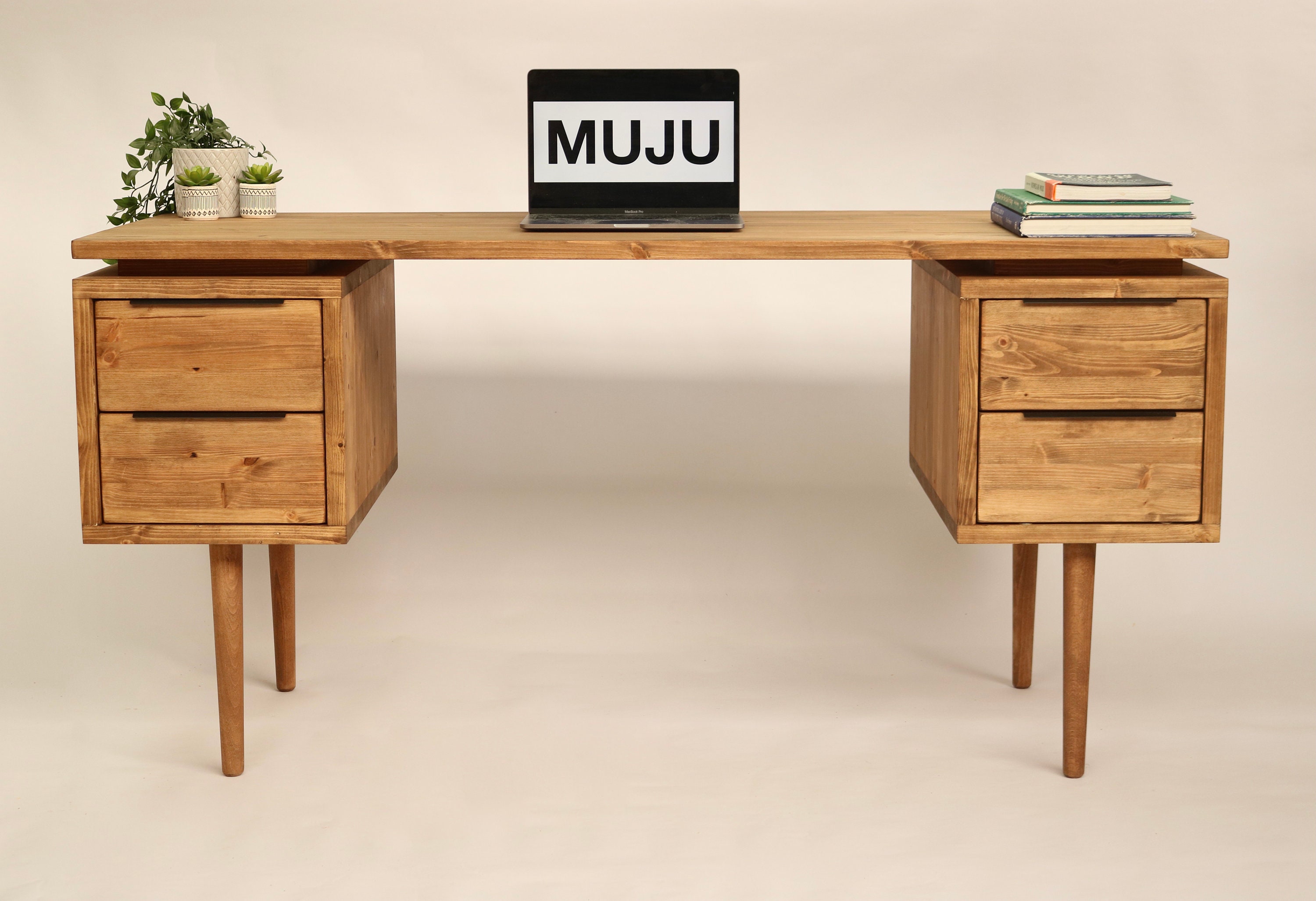 Bureau simple avec tiroirs des deux côtés, bureau fait main en bois  récupéré, style Scandi avec pieds effilés en bois danois, MAEVE moderne du  milieu du siècle -  Canada