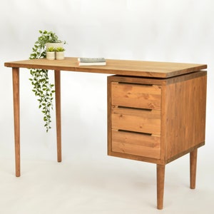 Simple Desk with drawers, reclaimed wood handmade desk, scandi style with Danish wooden tapered legs, colour choices HARVEY