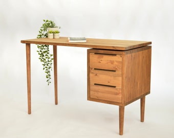 Simple Desk with drawers, reclaimed wood handmade desk, scandi style with Danish wooden tapered legs, colour choices HARVEY