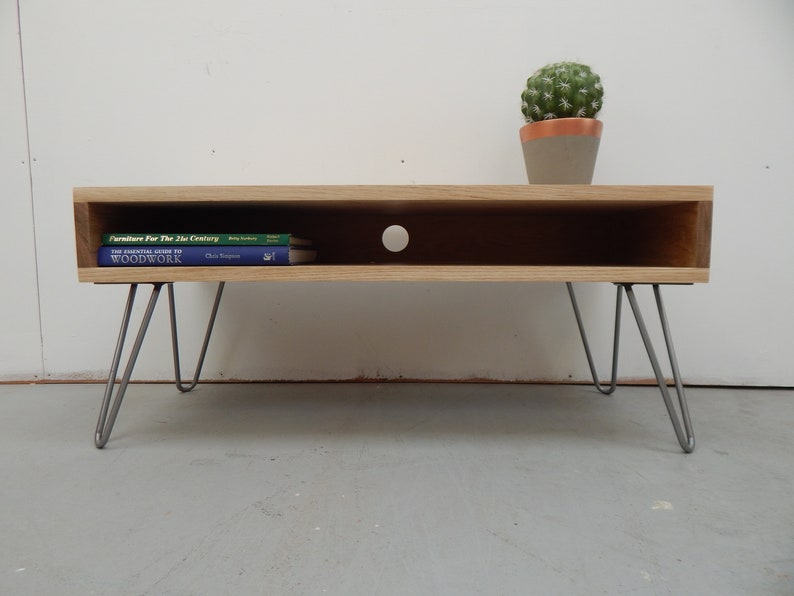 Solid Oak Tv Stand Unit Coffee Table Scandinavian Design Mid Century Hairpin Legs