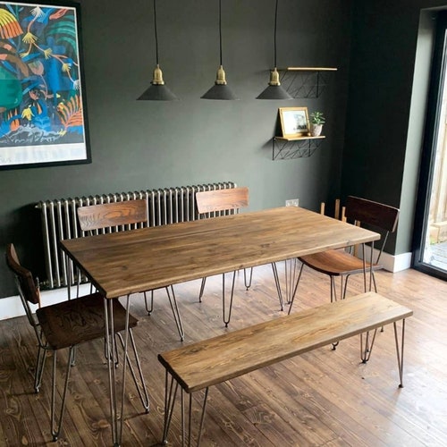 Dining Table & Bench Set Rustic Reclaimed Hairpin Legs Etsy UK