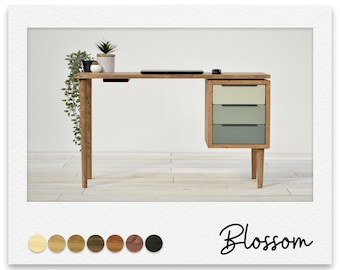 May include: A wooden desk with a light wood finish and three drawers. The drawers are painted in shades of green and white. The desk has a simple design with a rectangular top and four legs. The desk is decorated with a small potted plant.