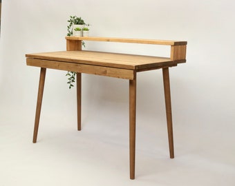 Gaming or Work Desk with Drawer, Monitor stand, Solid Wood Scandi Retro Solid Wood Tapered Legs Bespoke Sizes MILLY