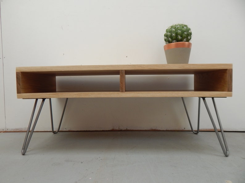 Tv Stand Unit Solid Oak Media Coffee Table Scandinavian Design Mid Century Hairpin Legs