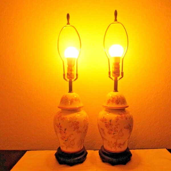 Lamps A Pair 25"H 3-Way Asian Themed Fancy Porcelain  On Metal Themed Table Lamps