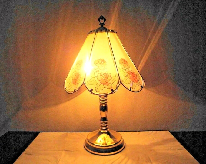 Lamp 3way Touch Fancy 23h Paneled Glass and Metal Rose Floral Themed