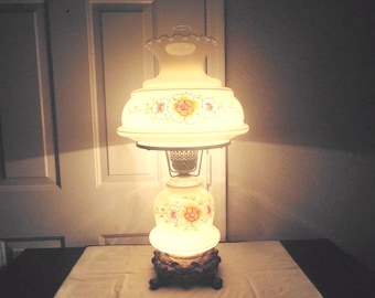 Gone With The Wind Vintage 3-Way Parlor Size Brown Iridescent Milk-Glass Floral Displayed Hurricane Lamp