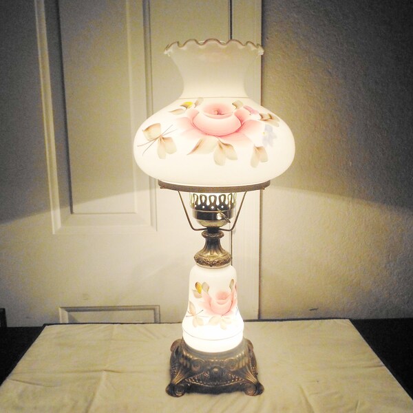 Gone With The Wind Rare Vintage 3 Way Fancy Rose Themed Milk-Glass Hurricane Lamp