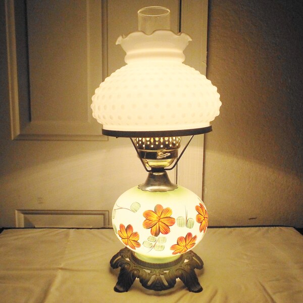 Gone With The Wind Adorable Antique 3-Way Milk-Glass Floral Displayed Hurricane Table Lamp