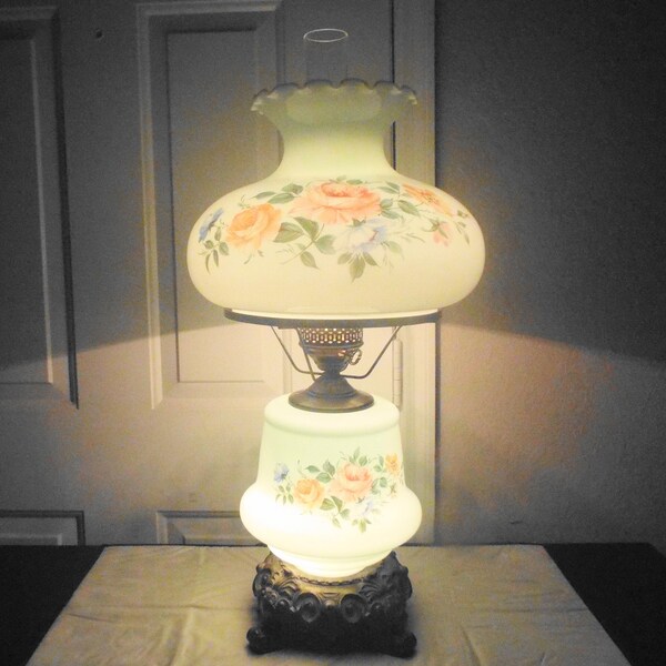 Gone With The Wind Big Unique 28"H Vintage 3-Way Parlor Size Green Milk-Glass Floral  Roses Displayed Hurricane Table Lamp