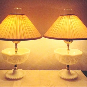 Gone With The Wind A Pair Vintage Shaded Thick Cut Milk-Glass Bowl Themed Hurricane Table Lamps
