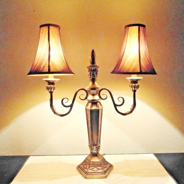 Lamp A 26"H Art-Deco Candelabra Themed Duel Bulb Ornate Resin Table Lamp w/ Fabric Shades