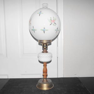 Gone With The Wind A 24&quot;H Vintage Globed Hobnail Milk-Glass Brass & Wood Electric Hurricane Table Lamp