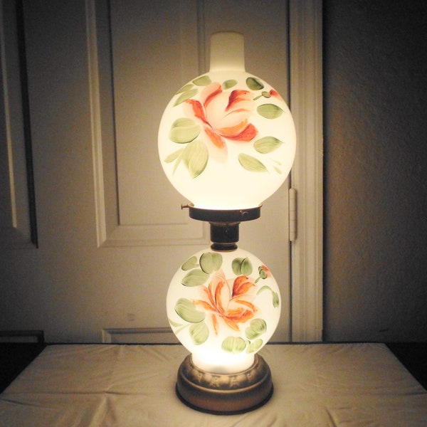 Gone With The Wind Antique 3-Way Fancy Globed Milk-Glass Rose Themed Hurricane Lamp
