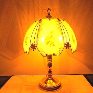 Lamps A Fancy Triple Bulb 23&quot;H Panel Glass & Metal Roses Floral Themed Table Lamp