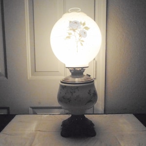 Gone With The Wind Antique Globed Hand Painted Converted To Electric Milk-Glass Floral Hurricane Lamp