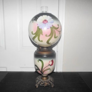Gone With The Wind Antique Globed Hand Painted Converted To Electric Milk-Glass Floral Hurricane Lamp