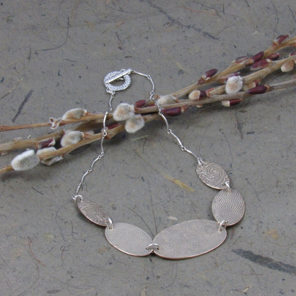 Handmade 16" White Bronze Choker, Leaf Patterns, White Bronze Oval Discs, White Bronze Metal Clay,  Nature Inspired, Elegant Choker